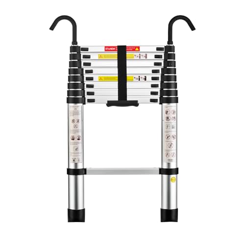 STANEW Teleskopleiter Aluminium 2,6m,Rutschfester Klappleiter Stehleiter Mehrzweckleiter, Abnehmbare Armlehne, Ausziehbare Leiter, Multifunktional Ladder, Maximale Belastbarkeit 150 kg