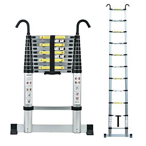 3,2M Teleskopleiter mit Stabilisator, Rutschfester Klappleiter Aluminium Ausziehleiter Mehrzweckleiter, 150 kg Belastbarkeit