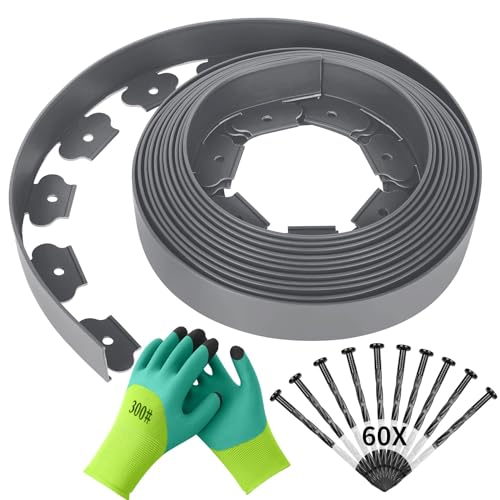 Forever Speed Flexible Rasenkante aus Kunststoff 10m x 5cm(LxH) [60 Erdanker + 1 Paar Handschuhe] Beetbegrenzung Beeteinfassung Beetumrandung - Grau