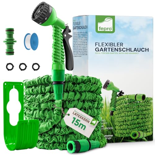 Fepro® Flexibler Gartenschlauch mit 7 Funktion max.15m basic, Wasserschlauch flexibel mit 3-Fach Latexkern inkl. Adapter für 1/2' 3/4' Zoll und Wandhalterung, dehnbarer flexiSchlauch