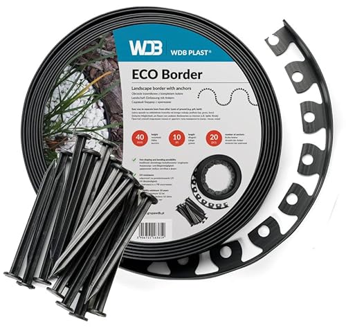 WDB Flexible Rasenkante aus Kunststoff - 10m Lang 4cm Hoch - mit 20 Befestigungsnägel - Schwarz - RAL 9005